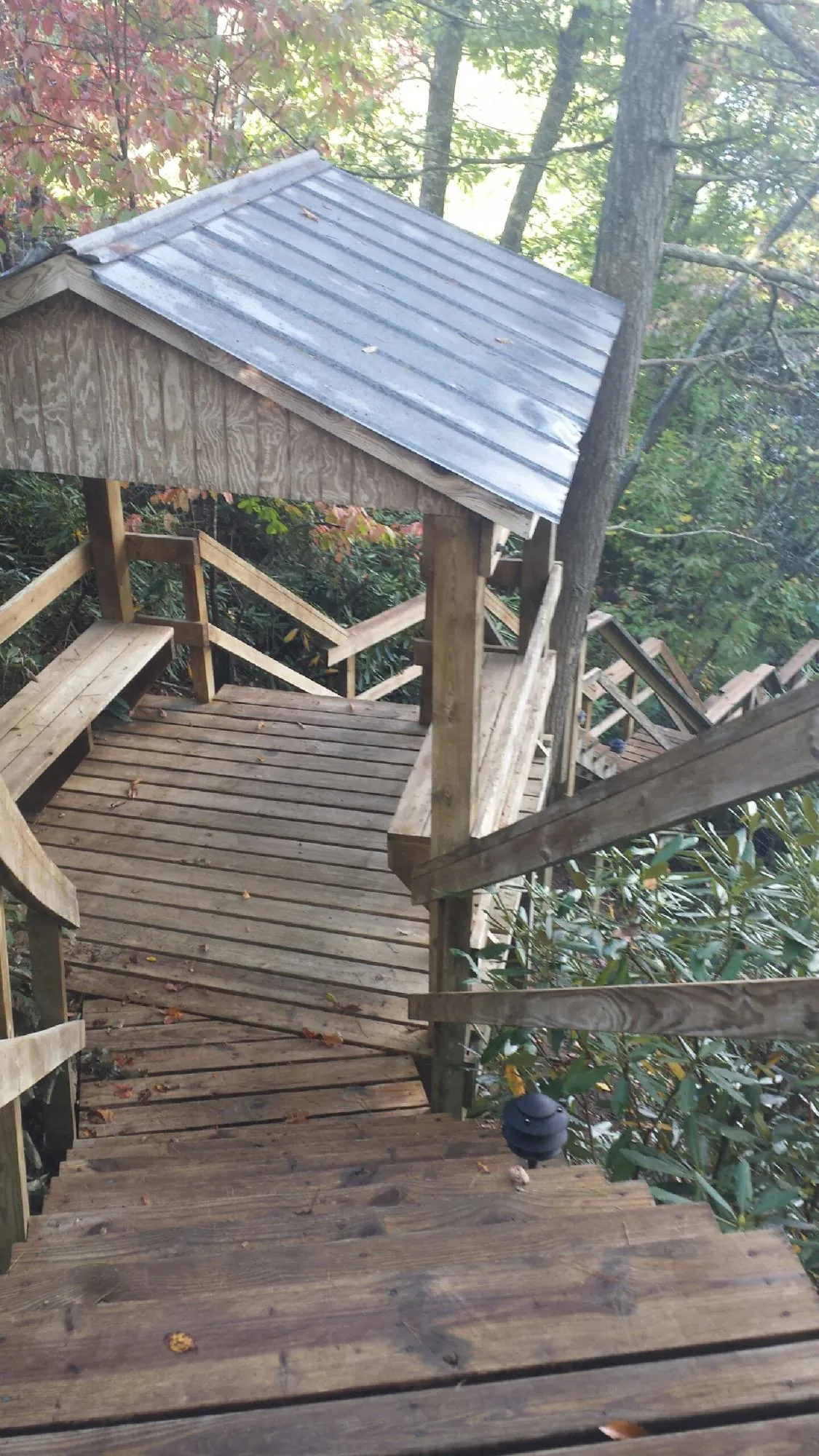 Metal roofed shelter over wooden steps on a wooded walkway — Skylight Repair & Installation work by our crew in Chestnut Mound